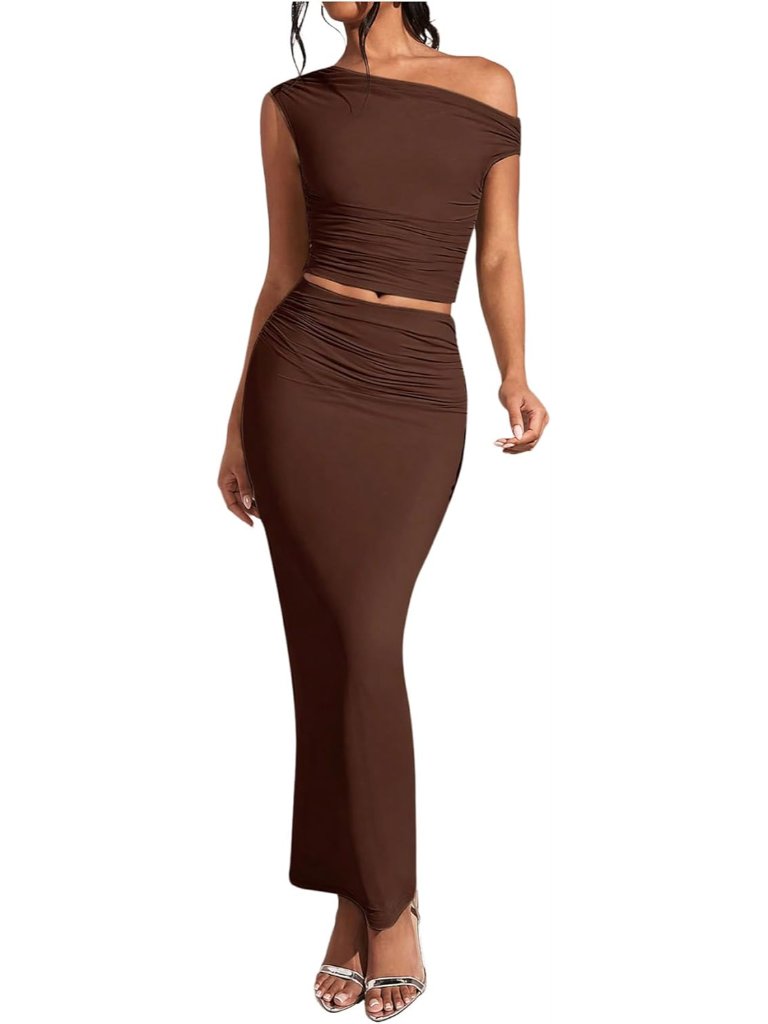 Women's Solid Asymmetrical Neck Two Piece Set One Shoulder Bodycon Maxi Skirt Se